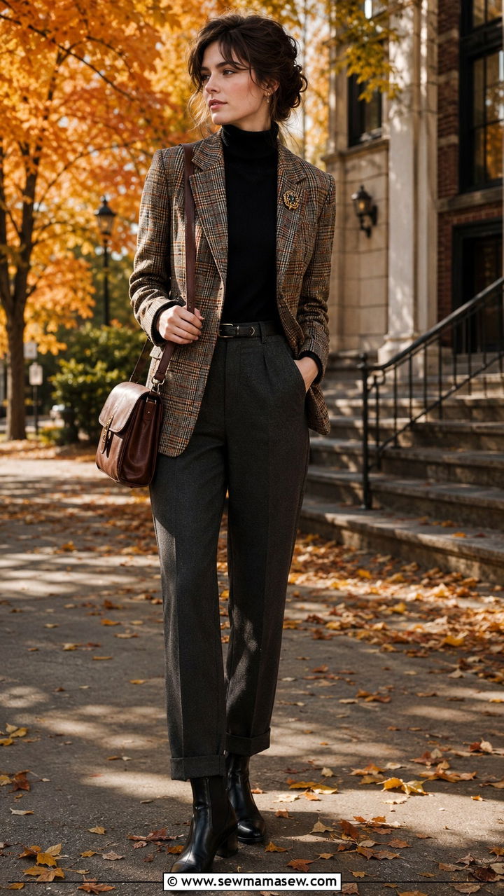 Turtleneck layered under a plaid blazer - 30 librarian core outfits ideas