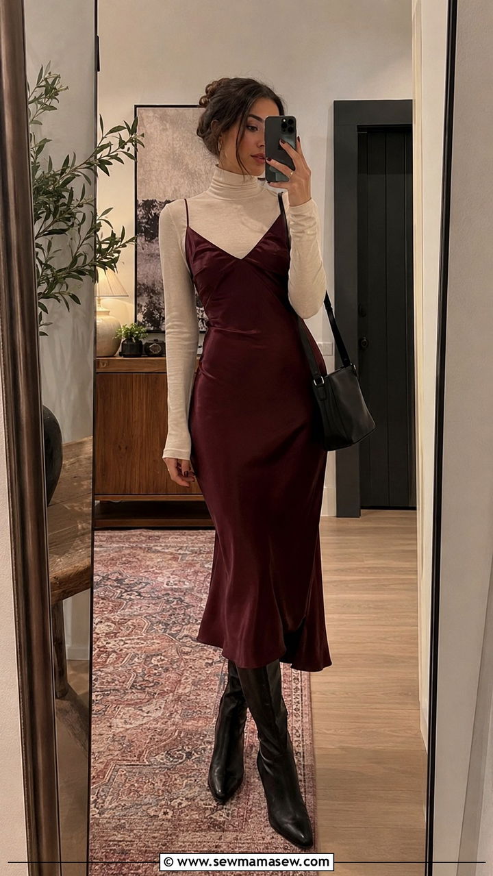 Turtleneck layered under a slip dress - 30 Ways to wear a turtleneck