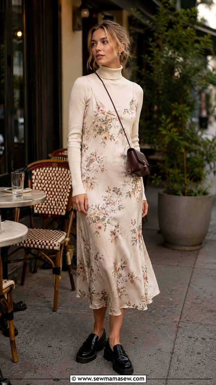 Turtleneck layered under a slip dress for spring - 30 Spring outfits with turtleneck