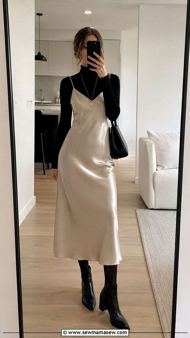 Turtleneck layered under a slip dress for the office - 30 Sweater outfit ideas for work