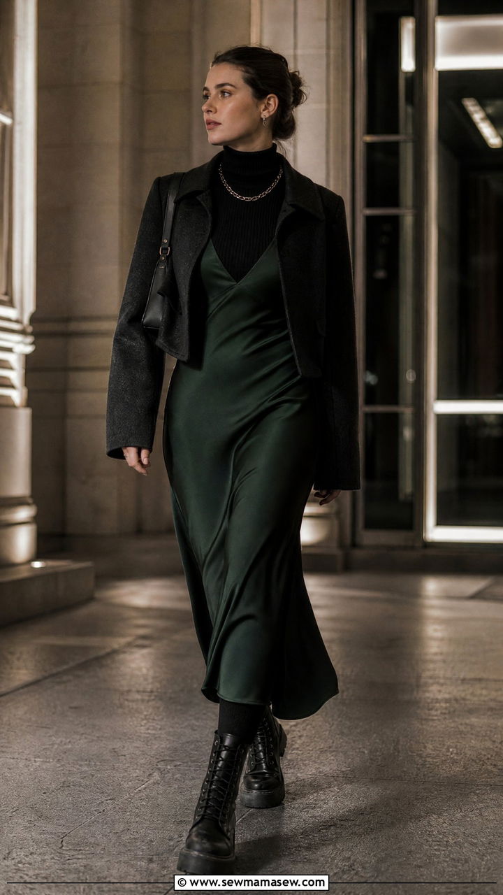 Turtleneck layered under slip dress - 25 classy dark academia outfits