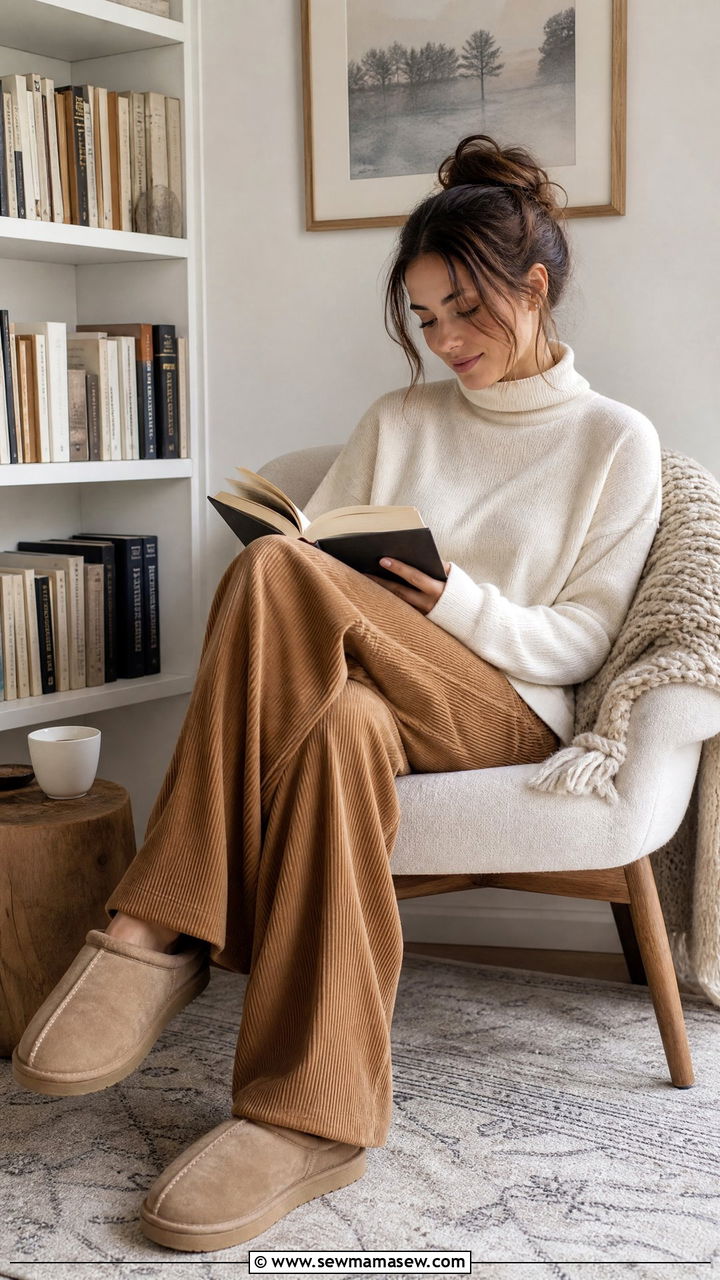 Turtleneck sweater and corduroy lounge pants - 30 Cozy at home outfit ideas