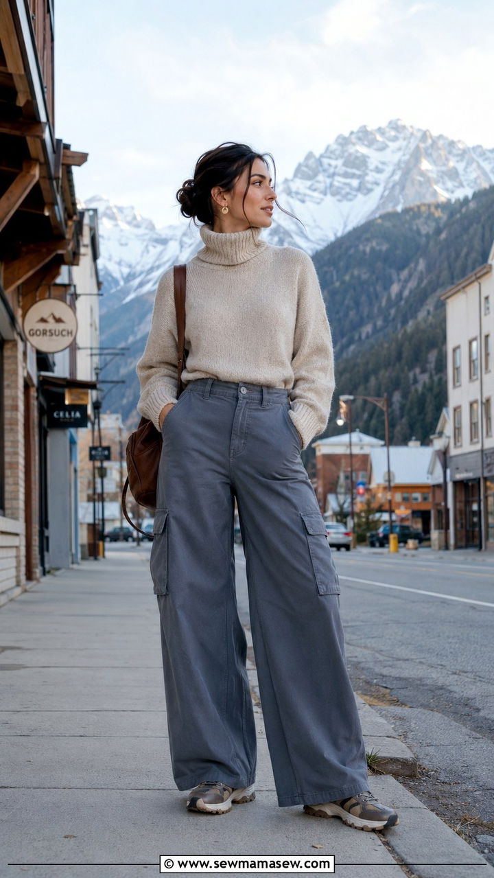 Turtleneck sweater and wide leg pants with trail sneakers - 25 Modest outfit ideas for mountain trip