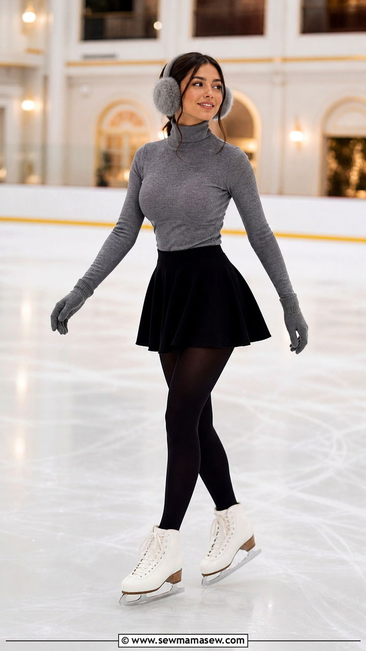 Turtleneck sweater skater skirt and opaque tights ice skating outfit - 40 Ice skating outfit ideas