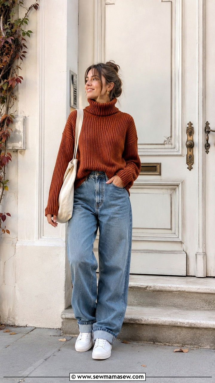 Turtleneck sweater with baggy jeans - 25 windy day outfits trends