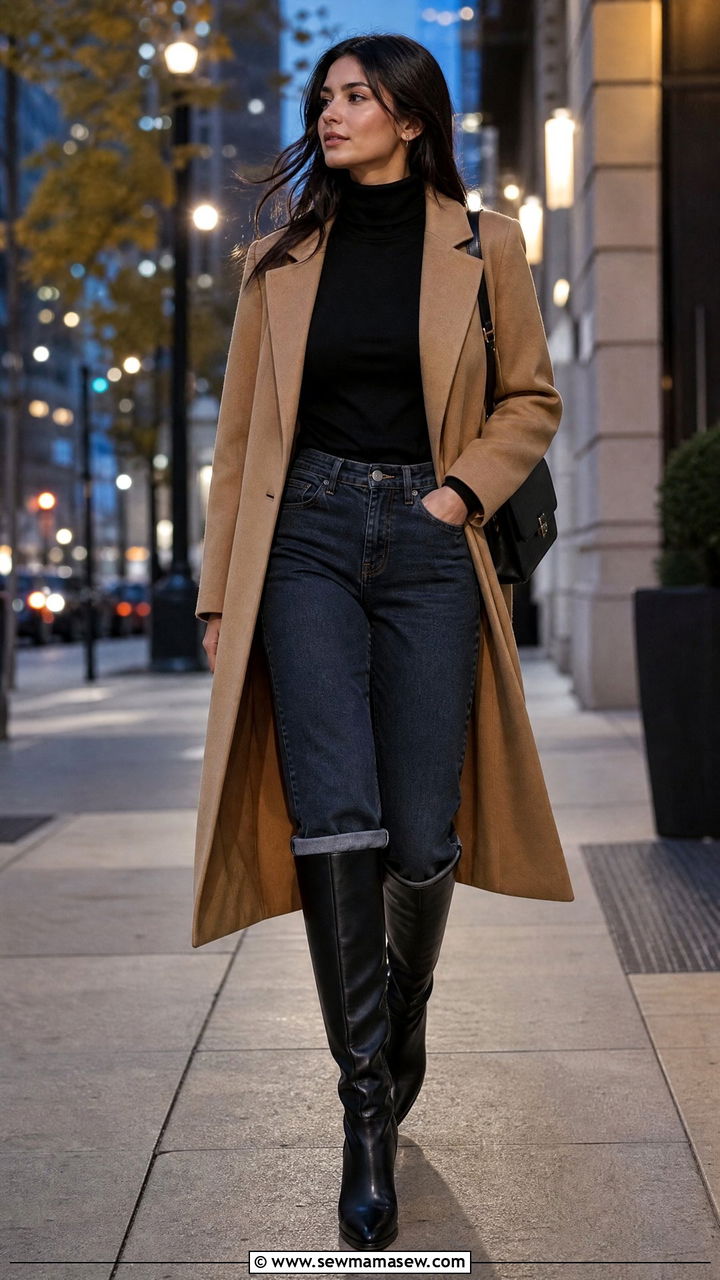 Turtleneck sweater with boyfriend jeans and knee high boots - 25 Boyfriend jeans outfit ideas with a sweater