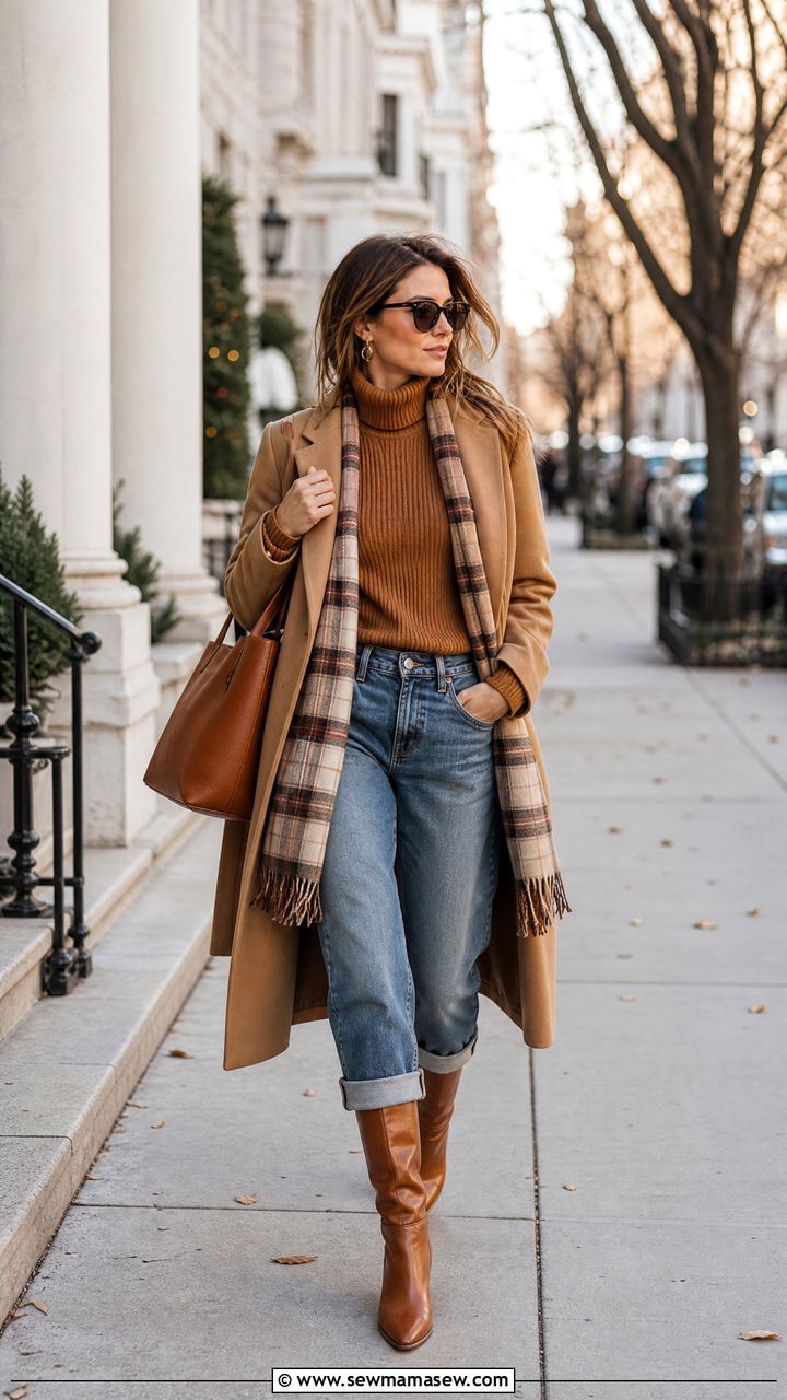Turtleneck sweater with boyfriend jeans long coat and boots - 25 Boyfriend jeans outfit ideas with a sweater