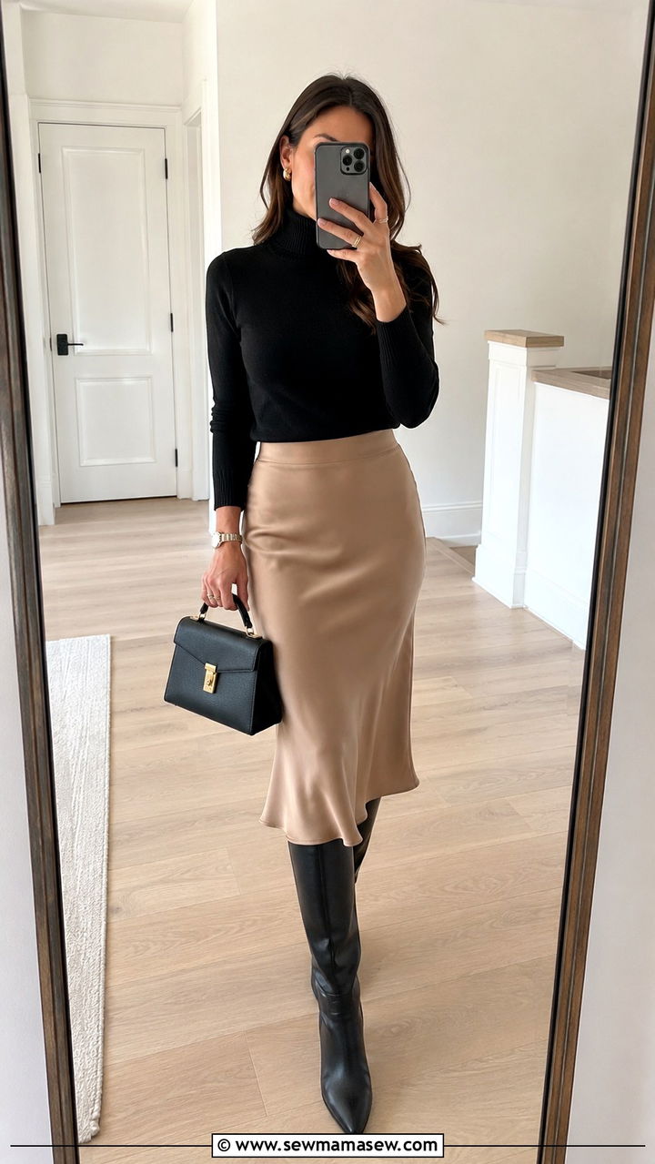 Turtleneck sweater with midi skirt and knee high boots - 30 Midi skirt outfit ideas with a sweater