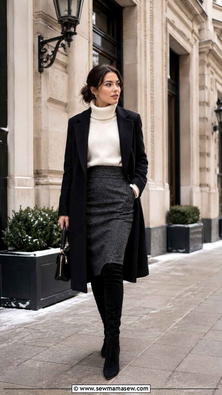 Turtleneck sweater with midi skirt and over the knee boots - 30 Midi skirt outfit ideas with a sweater