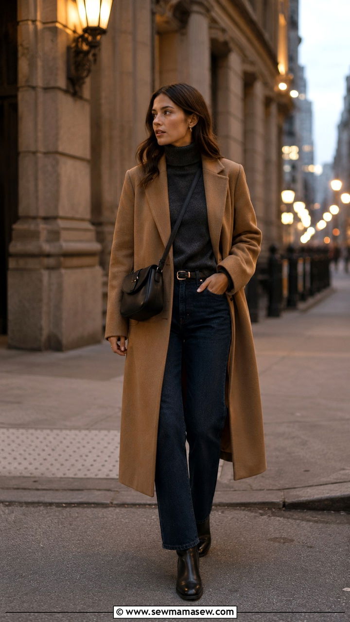 Turtleneck sweater with straight leg jeans and wool coat outfit - 30 Straight leg jeans outfit ideas with a sweater