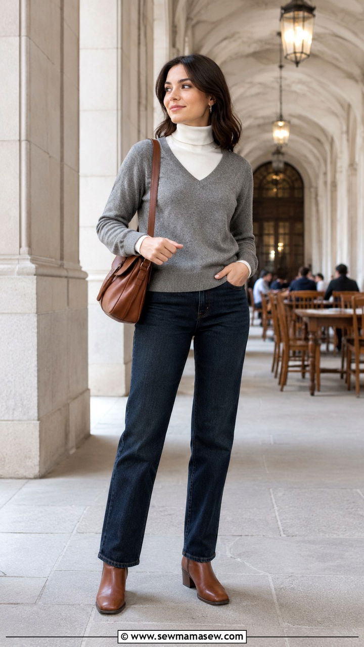 Turtleneck under a V neck sweater spring layered outfit - 30 Spring outfits with turtleneck