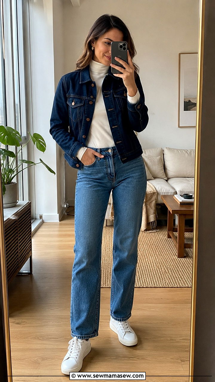 Turtleneck under a denim jacket with straight leg jeans - 30 How to style a turtleneck