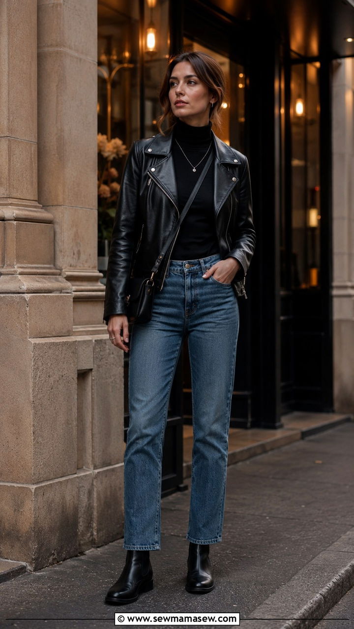 Turtleneck under a leather jacket with straight jeans spring outfit - 30 Spring outfits with turtleneck