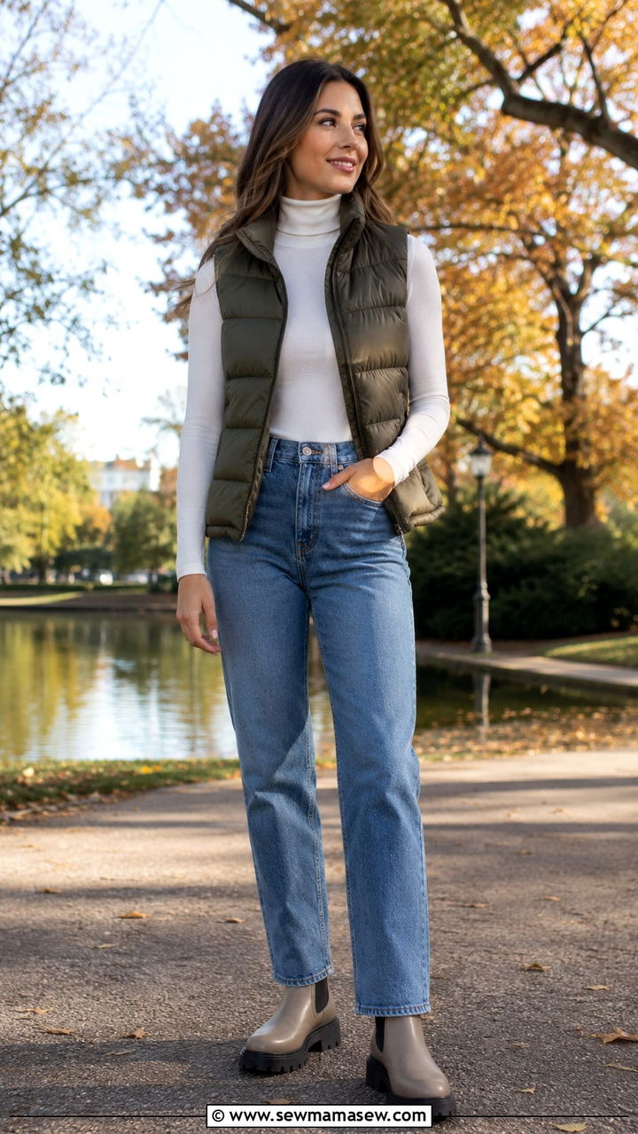 Turtleneck under a puffer vest with jeans - 30 How to style a turtleneck