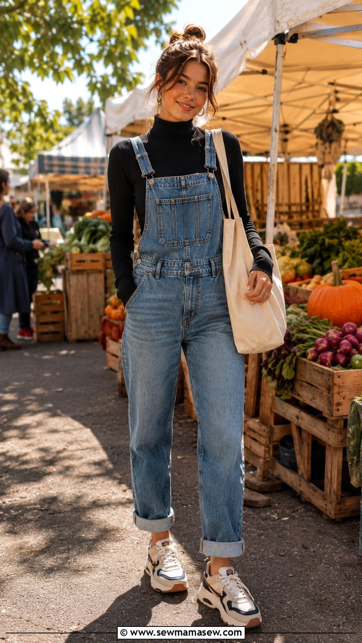 Turtleneck under denim overalls with sneakers - 30 Ways to wear a turtleneck