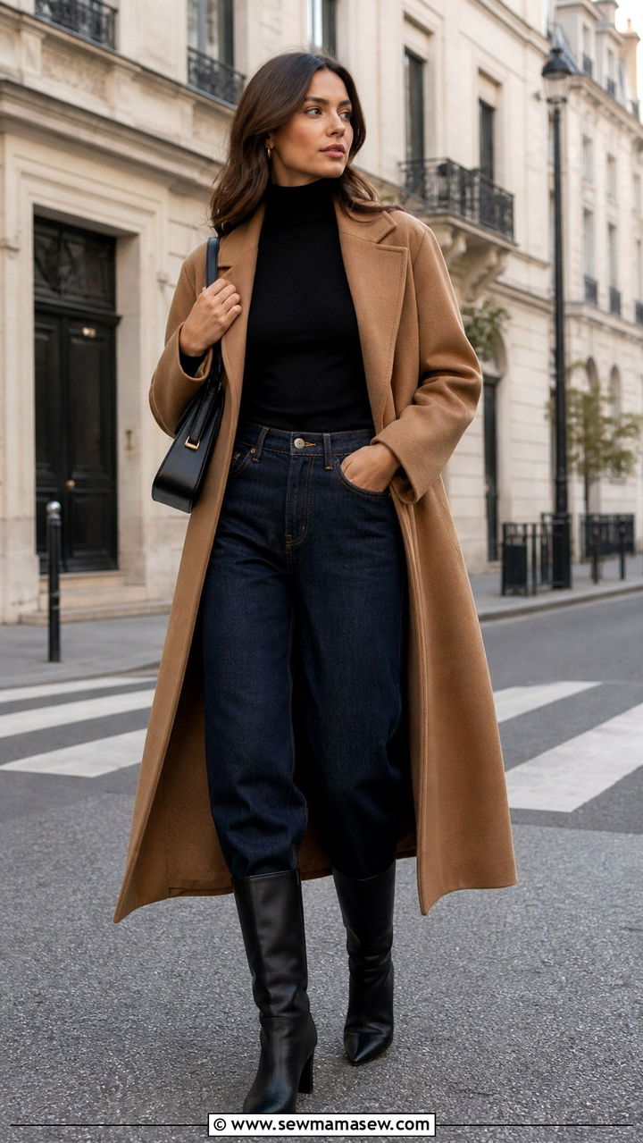 Turtleneck with Barrel Leg Jeans and Knee High Boots - 40 jeans outfit ideas for women