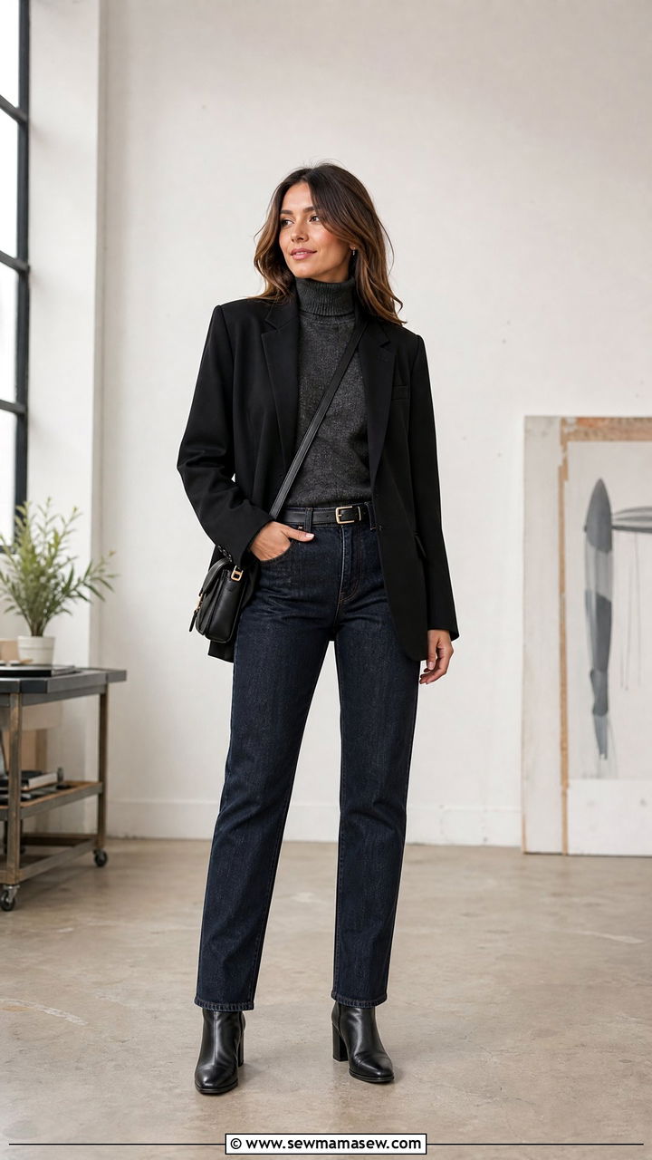 Turtleneck with Blazer and Dark Wash Jeans - 25 Panel discussion outfit ideas
