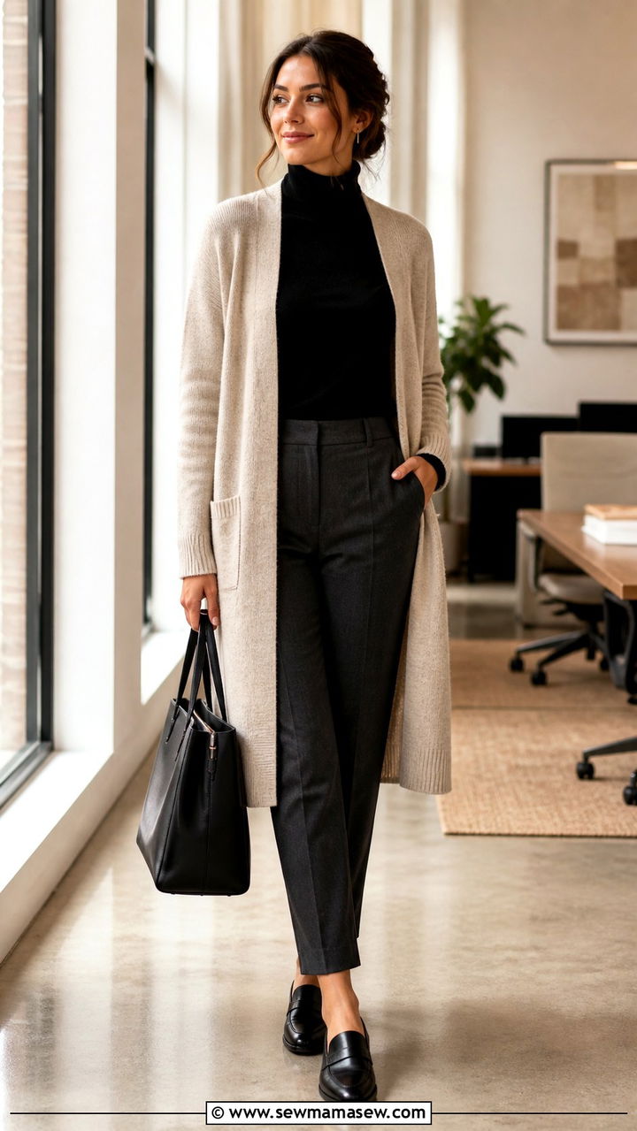 Turtleneck with Cardigan and Tailored Pants - 40 cute work outfits