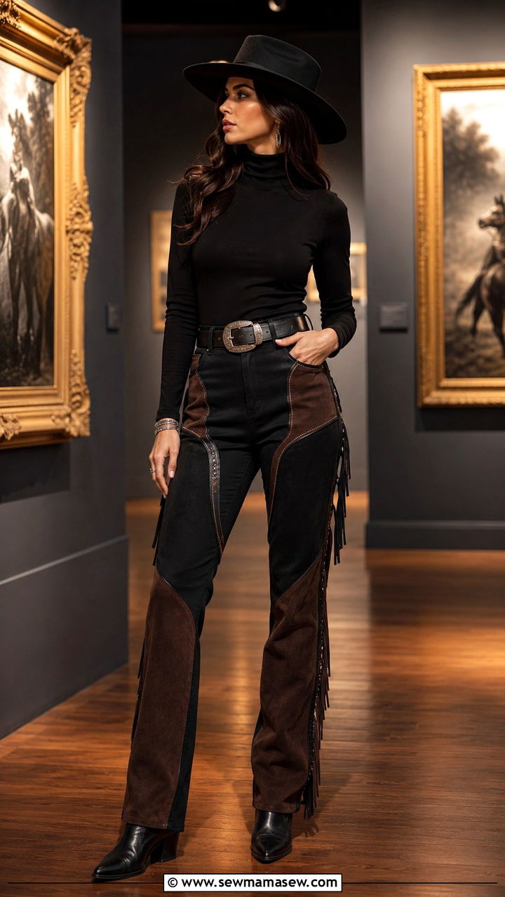 Turtleneck with Chaps Inspired Pants and Wide Brim Hat - 30 Modern western outfit ideas