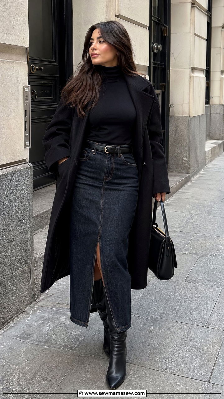 Turtleneck with Dark Denim Maxi Skirt and Knee High Boots - 35 denim skirt outfits ideas