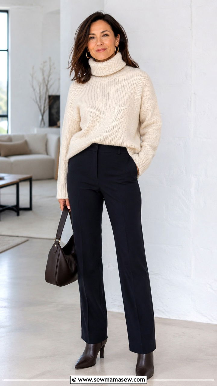 Turtleneck with Dark Straight Trousers - 25 Outfit ideas for pear shape over 40