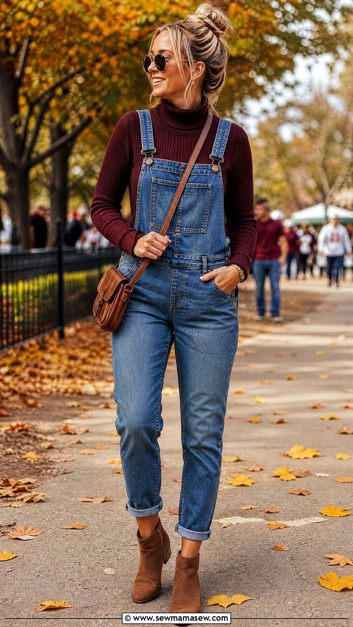Turtleneck with Denim Overalls - 35 Gameday outfit ideas college