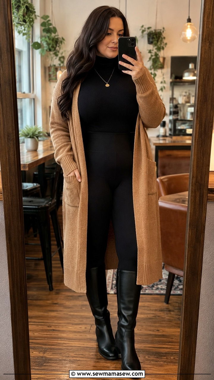 Turtleneck with Long Cardigan and Leggings Big Bust - 30 Outfit ideas for big bust