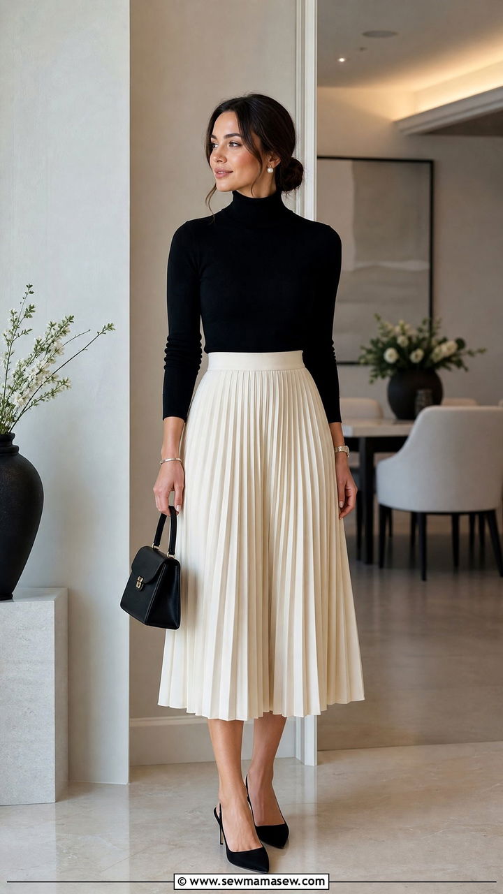 Turtleneck with Pleated Midi Skirt Outfit - 30 modest classy outfits ideas