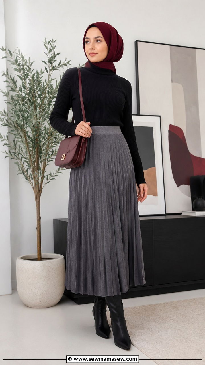 Turtleneck with Pleated Skirt and Knee High Boots - 25 work outfits for hijab women