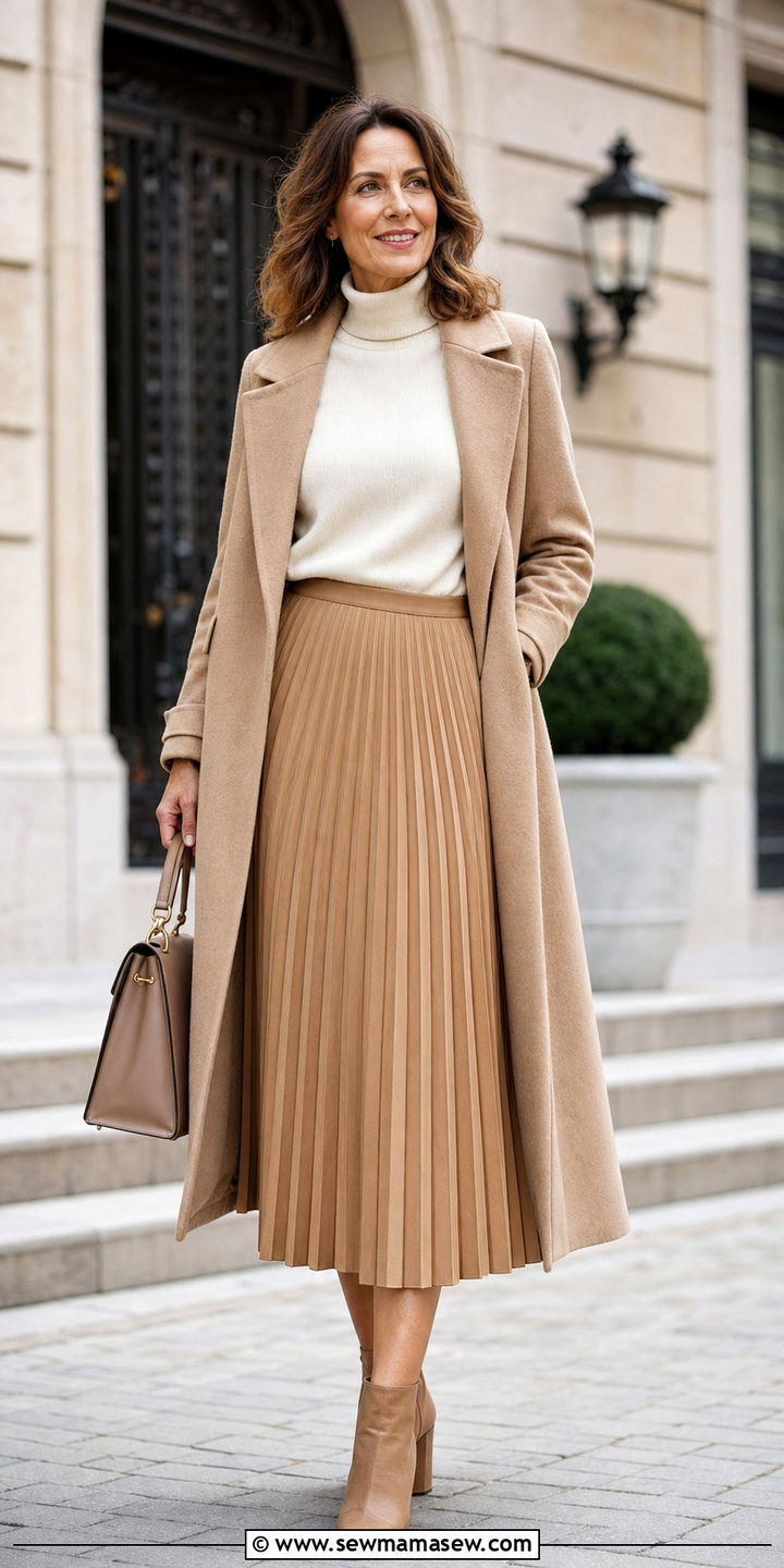 Turtleneck with Pleated Skirt and Long Coat - 35 Brunch outfits for women over 40