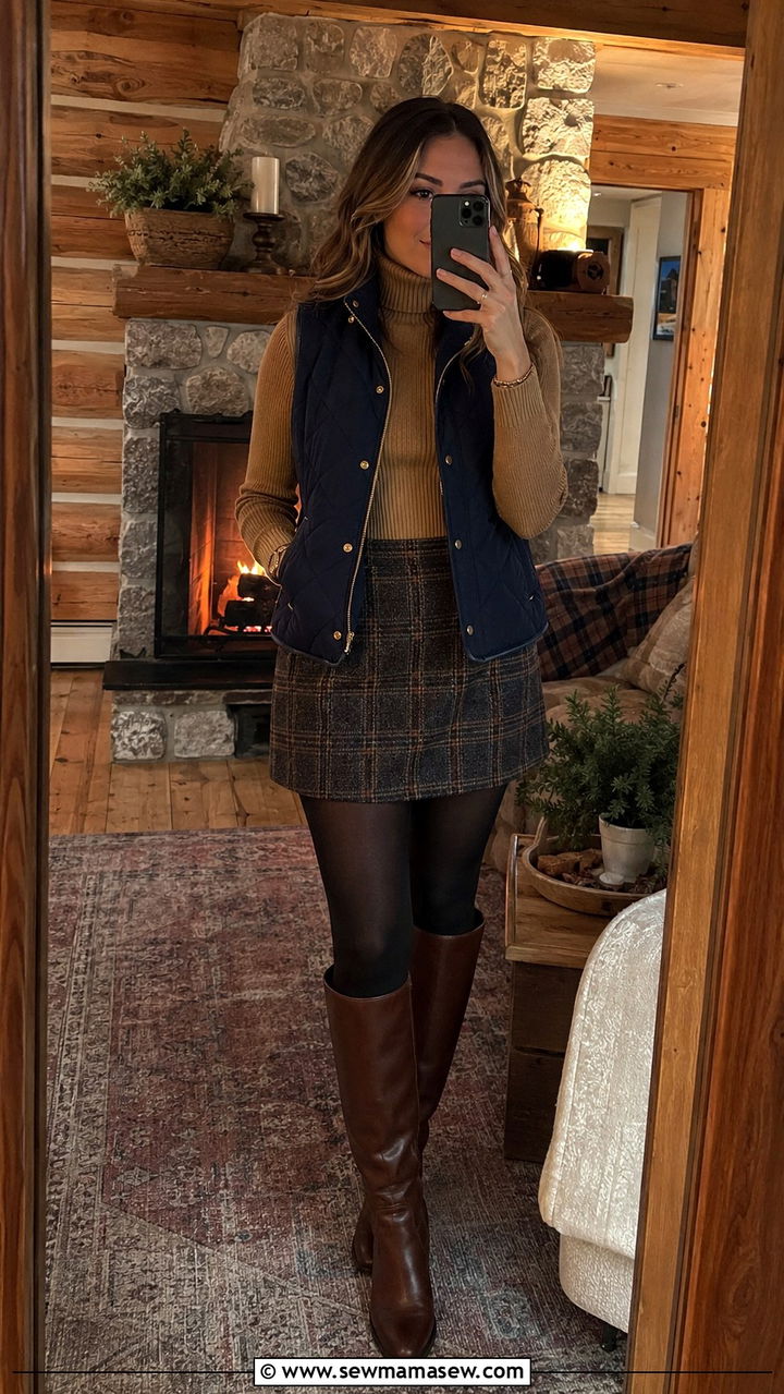 Turtleneck with Quilted Vest and Wool Mini Skirt - 30 Spring cabin weekend outfits
