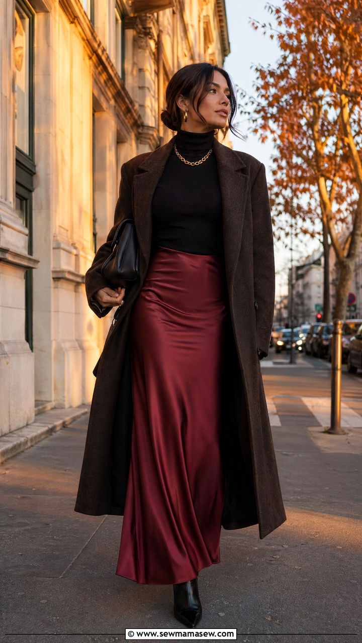 Turtleneck with Satin Maxi Skirt and Boots - 35 dinner outfit ideas for women