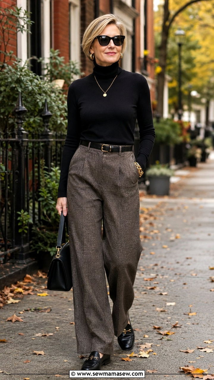 Turtleneck with Wide Leg Pants and Leather Loafers - 25 Weekend outfit ideas for women over 50