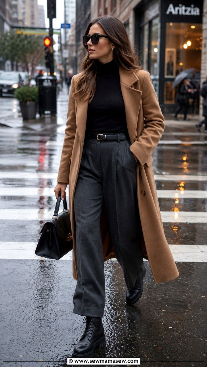 Turtleneck with Wide Leg Trousers and Chunky Boots - 30 classy rainy day outfits