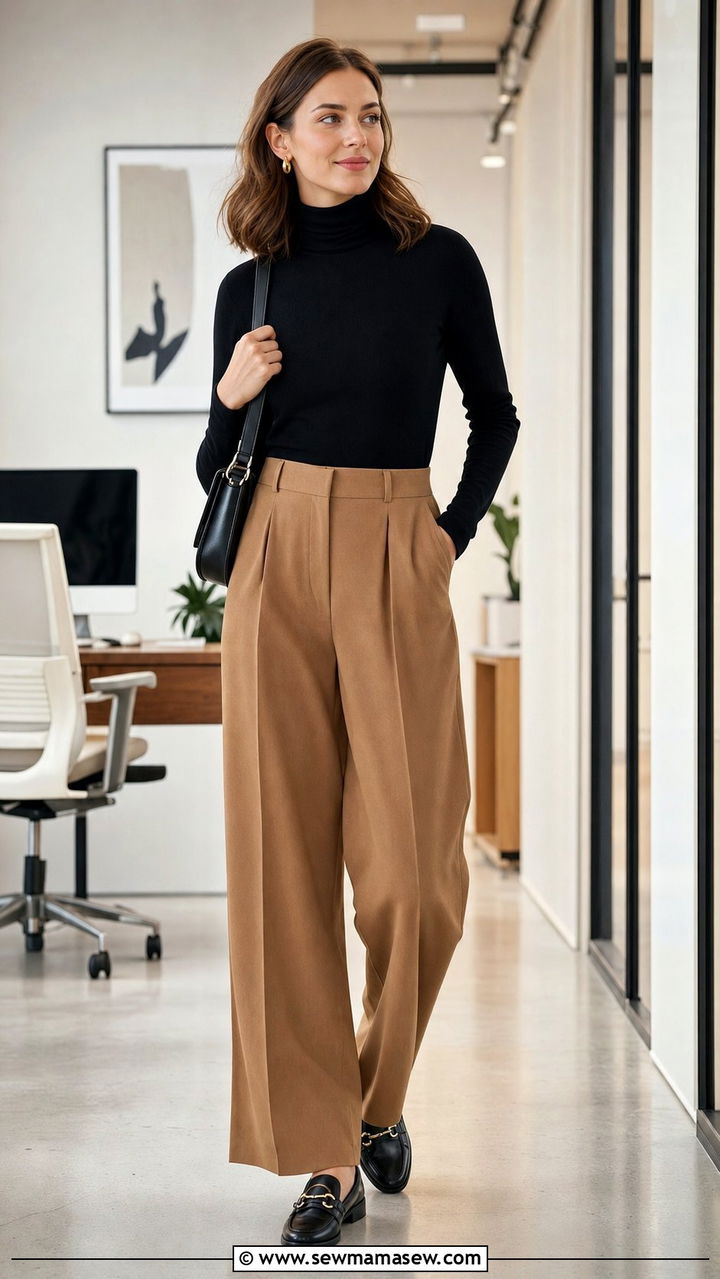 Turtleneck with Wide Leg Trousers and Loafers - 25 classy outfits for modest women