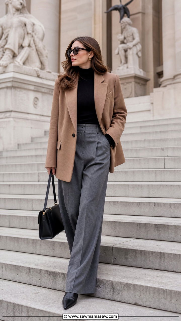 Turtleneck with Wide Leg Trousers and Structured Blazer - 25 Paris packing list outfits
