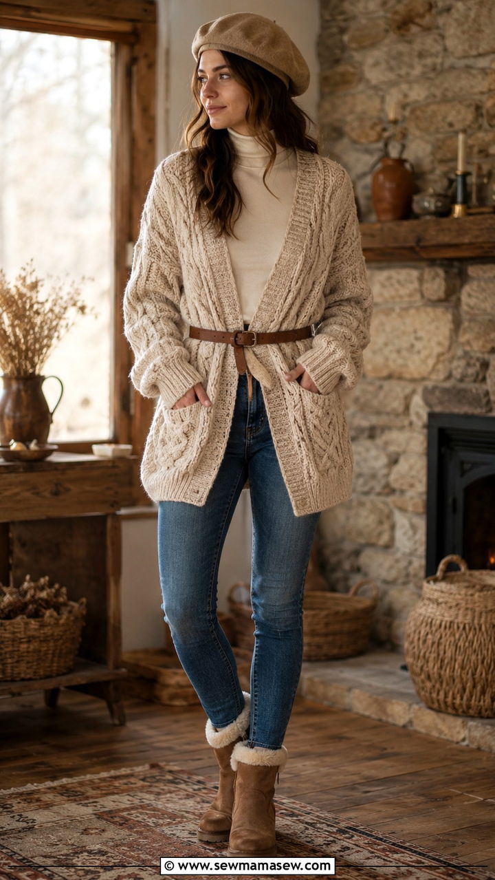Turtleneck with a cable knit cardigan and jeans - 30 How to style a turtleneck