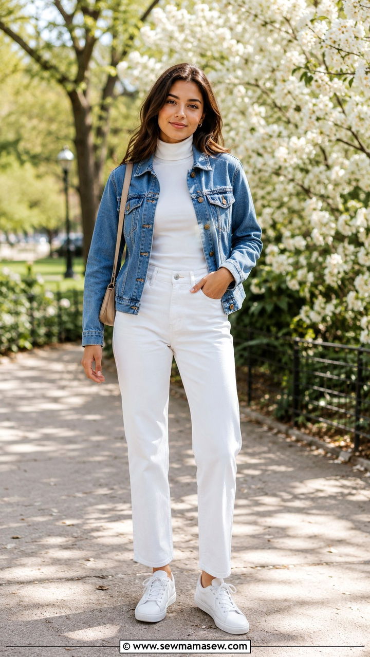 Turtleneck with a denim jacket and white jeans - 30 Ways to wear a turtleneck