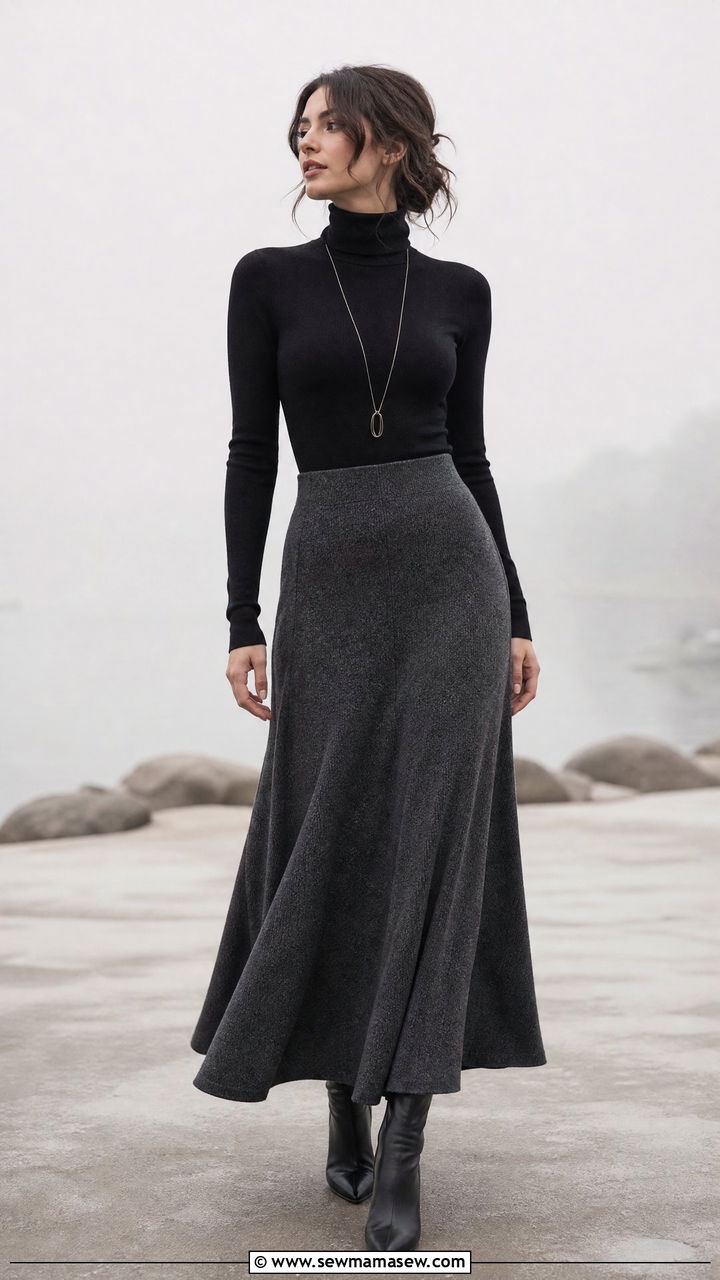 Turtleneck with a maxi skirt and heeled boots - 25 Foggy day outfit ideas