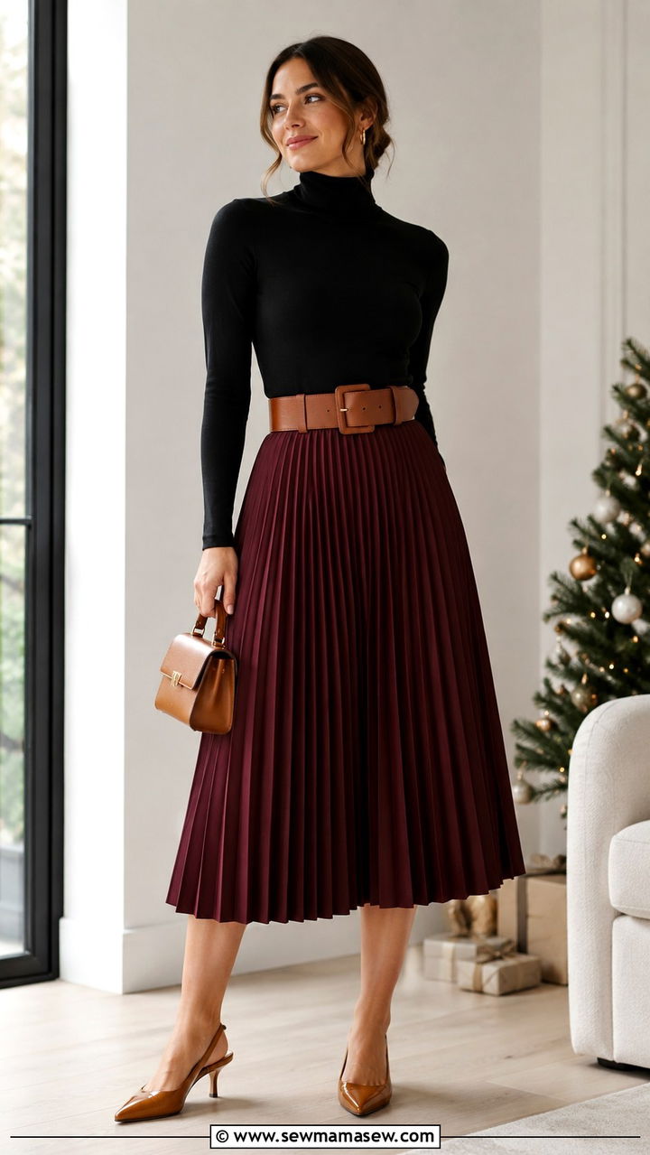 Turtleneck with a pleated midi skirt and a wide belt - 30 How to style a belt