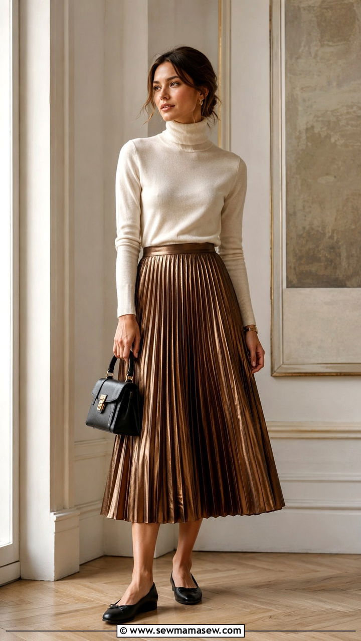 Turtleneck with a pleated skirt and ballet flats - 30 How to style a turtleneck
