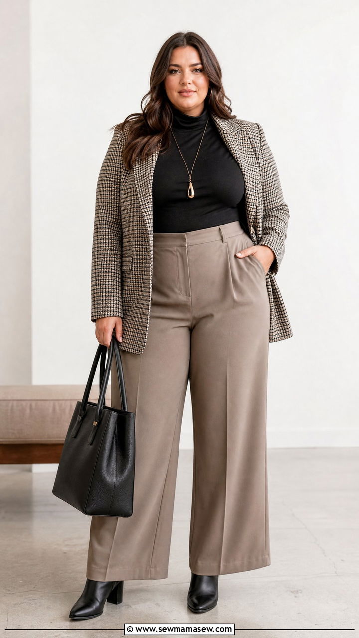 Turtleneck with blazer and wide leg pants outfit - 25 Interview outfit ideas plus size