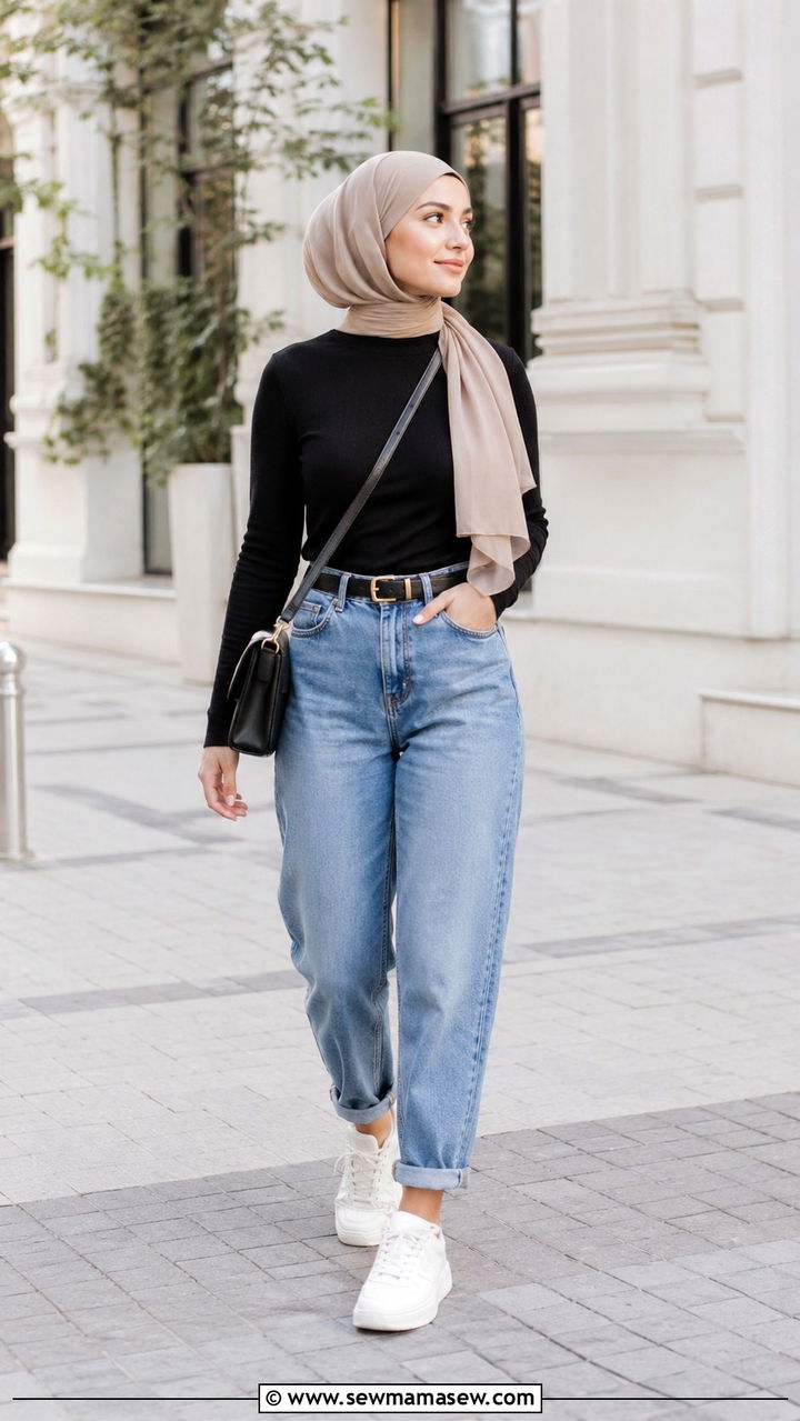 Turtleneck with boyfriend jeans and hijab - 25 outfit ideas for hijab women