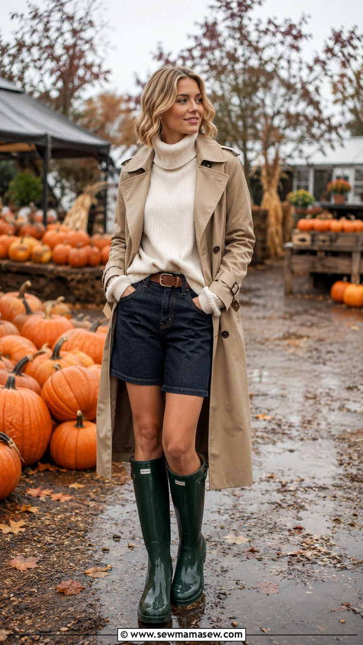 Turtleneck with denim Bermuda shorts and tall rain boots - 30 Rainy day weekend outfit ideas