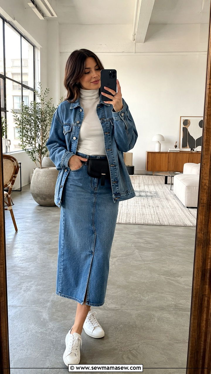 Turtleneck with denim jacket and midi denim skirt spring outfit - 30 Spring outfits with turtleneck