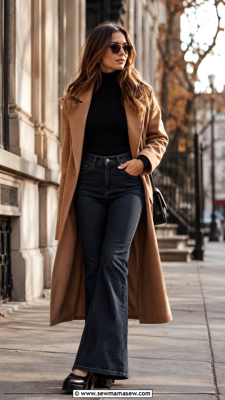 Turtleneck with flare jeans and a long coat - 30 How to style a turtleneck