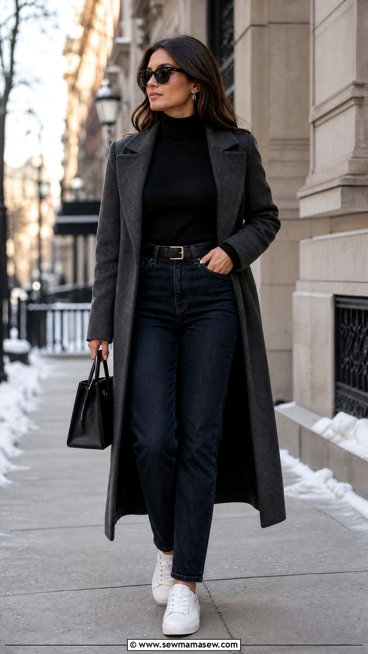 Turtleneck with high waisted jeans and white sneakers - 25 High waisted jeans outfit ideas with white sneakers