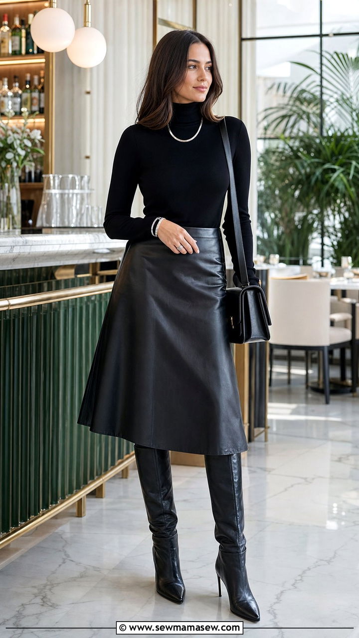 Turtleneck with leather midi skirt and boots brunch outfit - 35 Brunch outfits for tall women