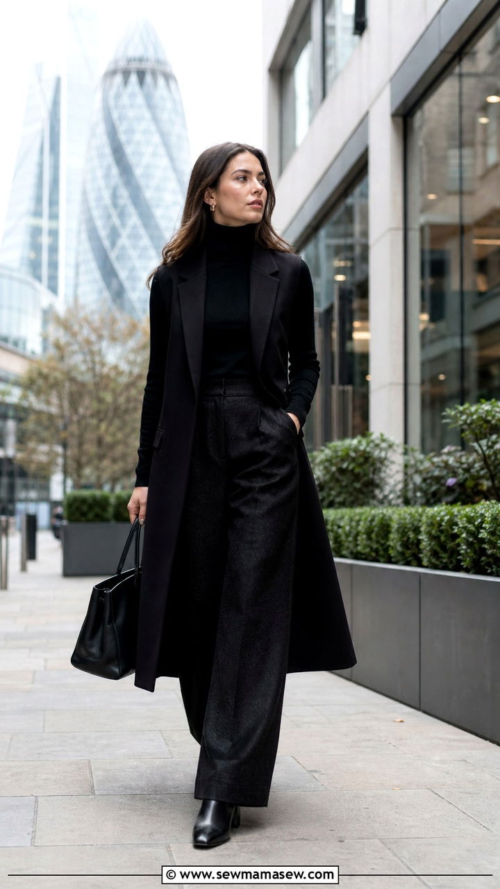 Turtleneck with long vest and heeled boots - 40 London outfit ideas