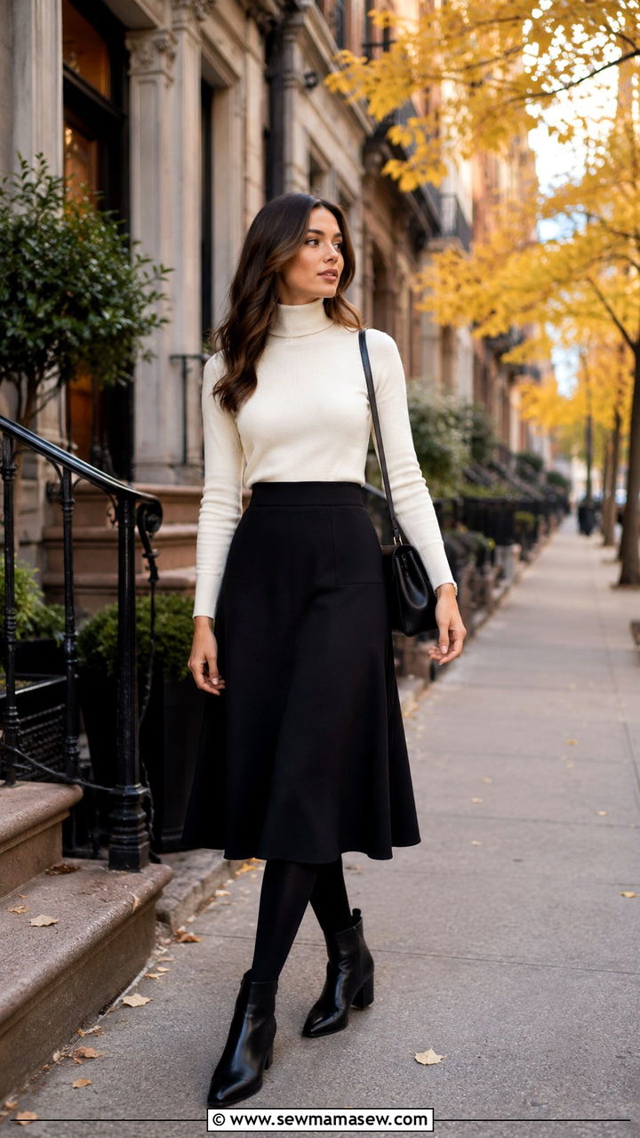 Turtleneck with midi skirt and ankle boots - 30 Internship outfit ideas for women